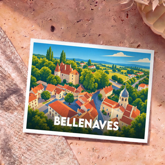 Carte postale souvenir de la ville de Bellenaves illustrant le village et son château dans un style graphique coloré.