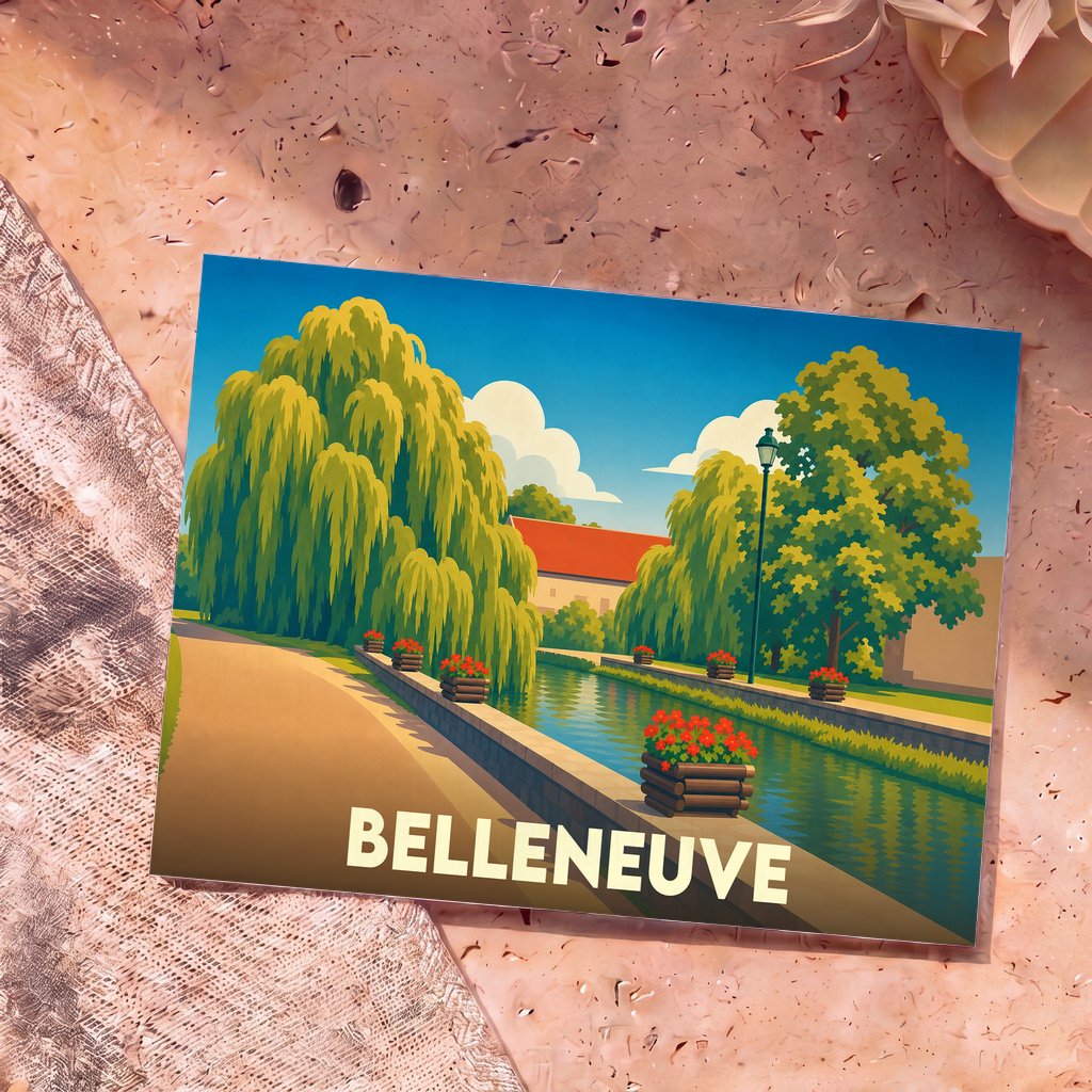Carte postale souvenir de la ville de Belleneuve avec une illustration stylisée représentant un canal bordé d'arbres.