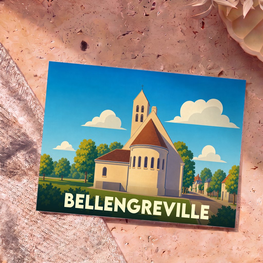 Carte postale souvenir de la ville de Bellengreville avec une illustration stylisée de son église.