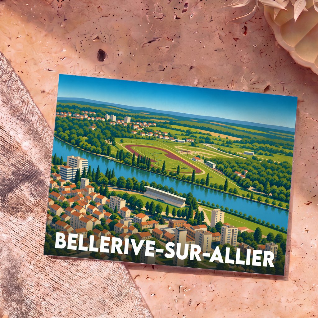 Carte postale souvenir de la ville de Bellerive-sur-Allier avec une illustration stylisée d'un paysage urbain au bord de l'eau.