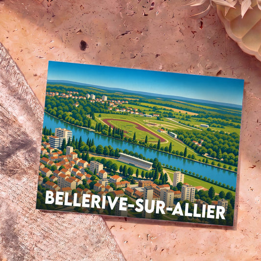 Carte postale souvenir de la ville de Bellerive-sur-Allier avec une illustration stylisée d'un paysage urbain au bord de l'eau.