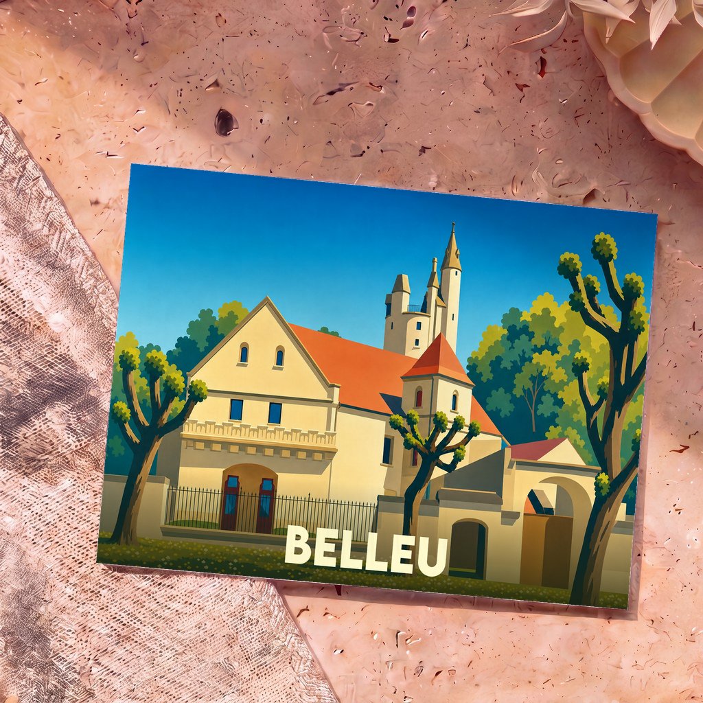 Carte postale souvenir de la ville de Belleu avec une illustration stylisée de son patrimoine architectural.