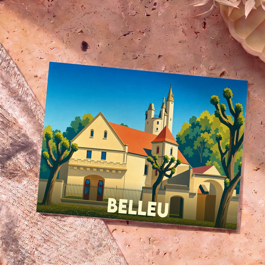 Carte postale souvenir de la ville de Belleu avec une illustration stylisée de son patrimoine architectural.