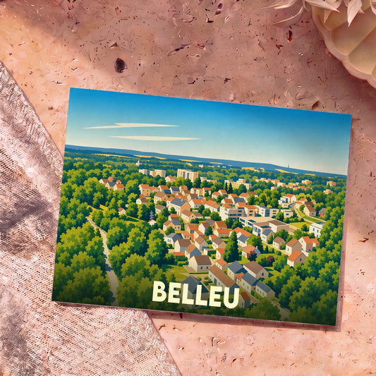 Carte postale souvenir de la ville de Belleu avec une illustration stylisée d'un paysage urbain verdoyant.