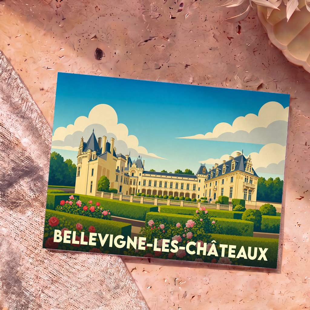 Carte postale souvenir de la ville de Bellevigne-les-Châteaux avec une illustration stylisée d'un château et de ses jardins.