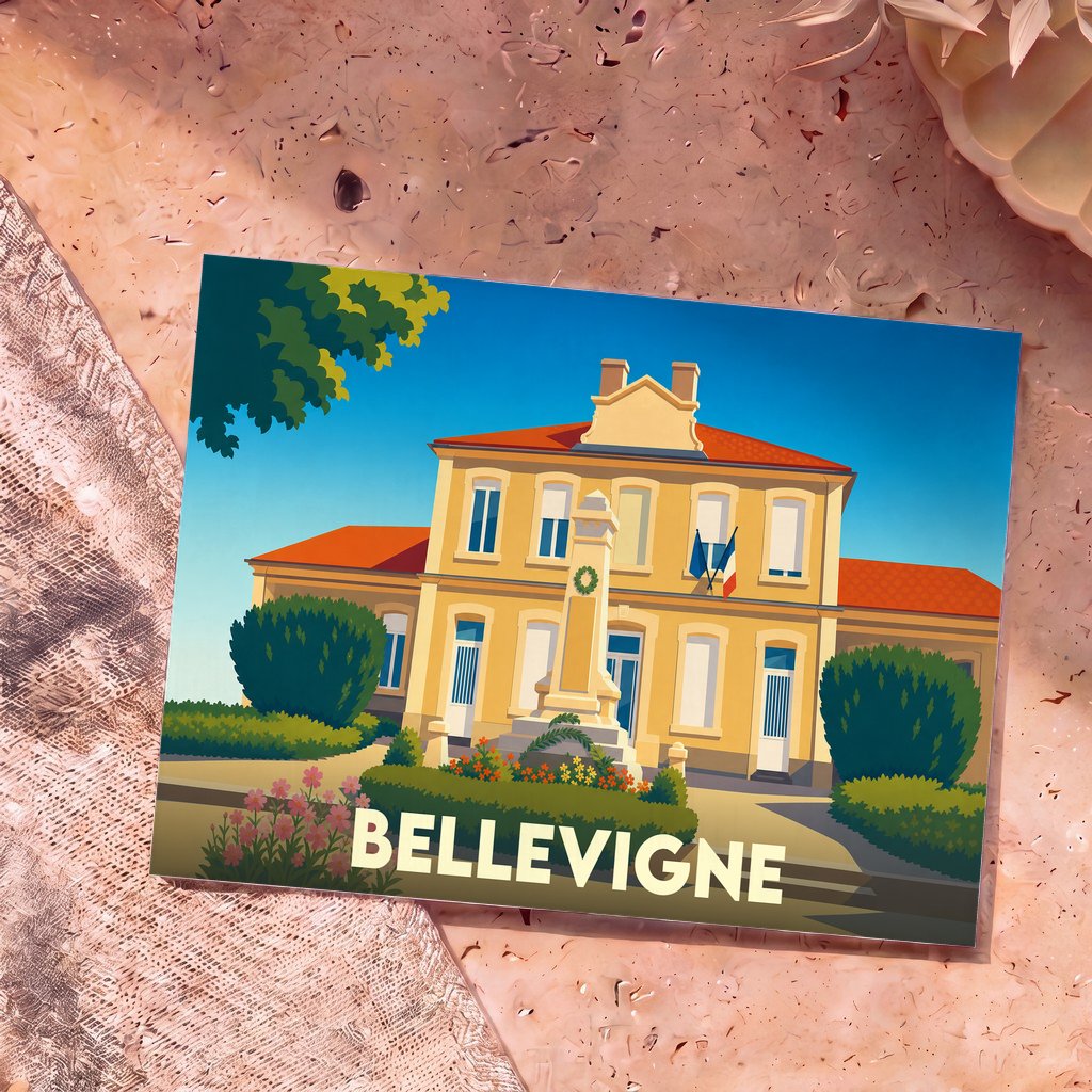 Carte postale souvenir de la ville de Bellevigne avec une illustration stylisée de sa mairie.