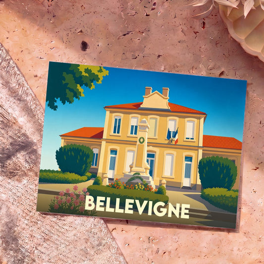 Carte postale souvenir de la ville de Bellevigne avec une illustration stylisée de sa mairie.