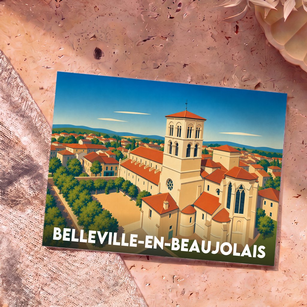 Carte postale souvenir de la ville de Belleville-en-Beaujolais avec une illustration stylisée de son église et de ses toits rouges.