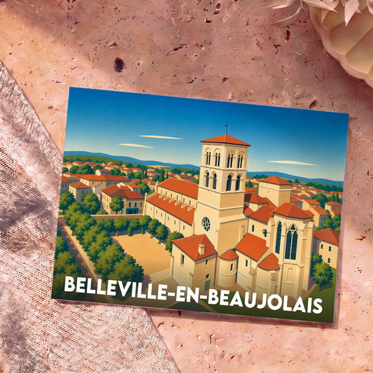 Carte postale souvenir de la ville de Belleville-en-Beaujolais avec une illustration stylisée de son église et de ses toits rouges.