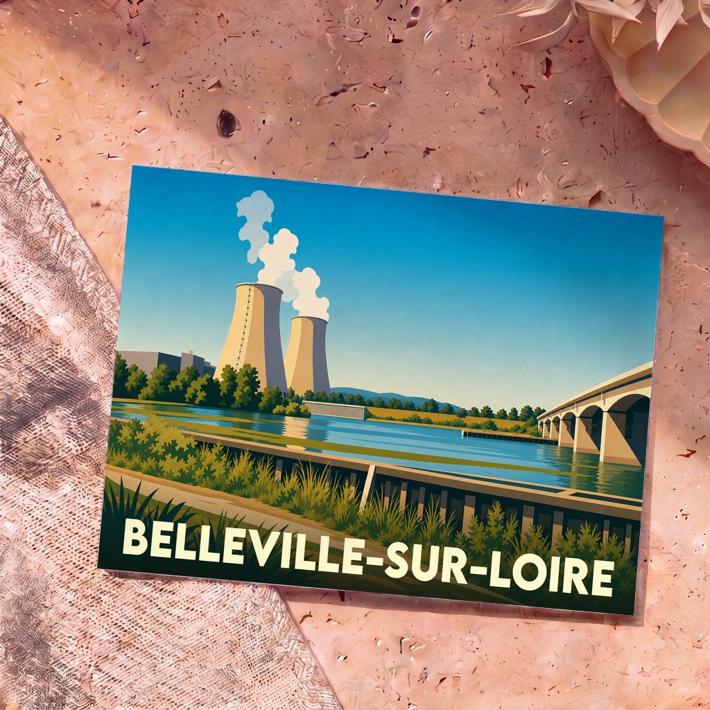 Carte postale souvenir de Belleville-sur-Loire représentant sa centrale nucléaire et la Loire dans un style graphique rétro.