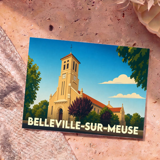 Carte postale souvenir de la ville de Belleville-sur-Meuse avec une illustration stylisée de son église.