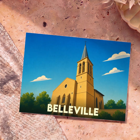 Carte postale souvenir de la ville de Belleville avec une illustration stylisée d'une église sous un ciel bleu.