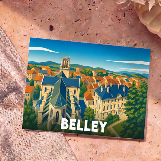Carte postale souvenir de la ville de Belley avec une illustration colorée et stylisée de son architecture.