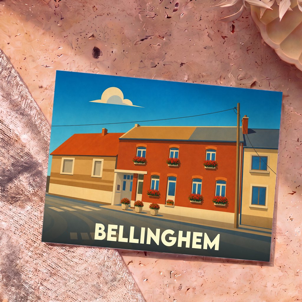 Carte postale souvenir de la ville de Bellinghem avec une illustration stylisée de maisons colorées.