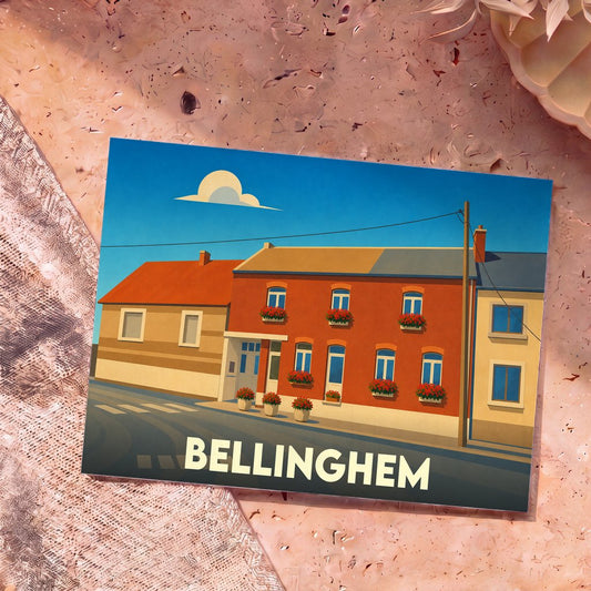 Carte postale souvenir de la ville de Bellinghem avec une illustration stylisée de maisons colorées.