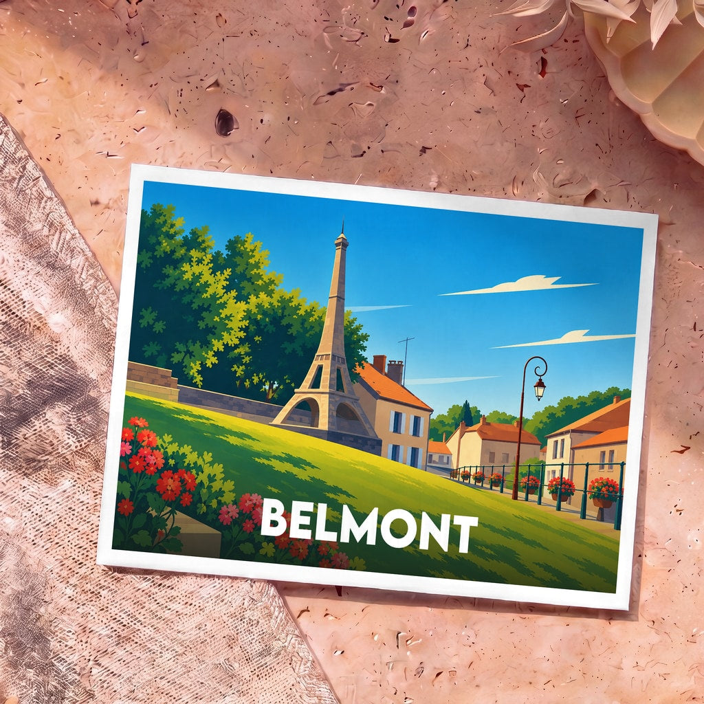 Carte postale souvenir de la ville de Belmont avec une illustration stylisée de la tour Eiffel et de maisons de village.