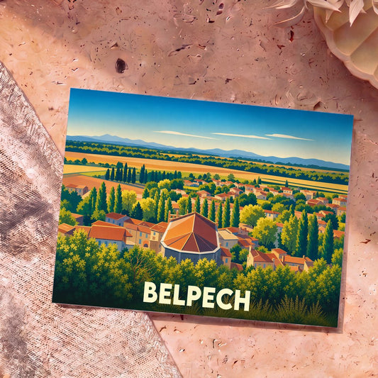 Carte postale souvenir de la ville de Belpech avec une illustration stylisée et colorée de ses paysages.