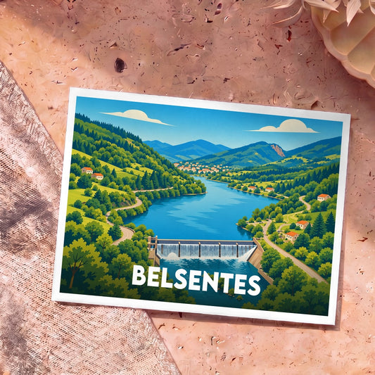 Carte postale souvenir de la ville de Belsentes avec une illustration stylisée d'un lac de montagne et d'un barrage.