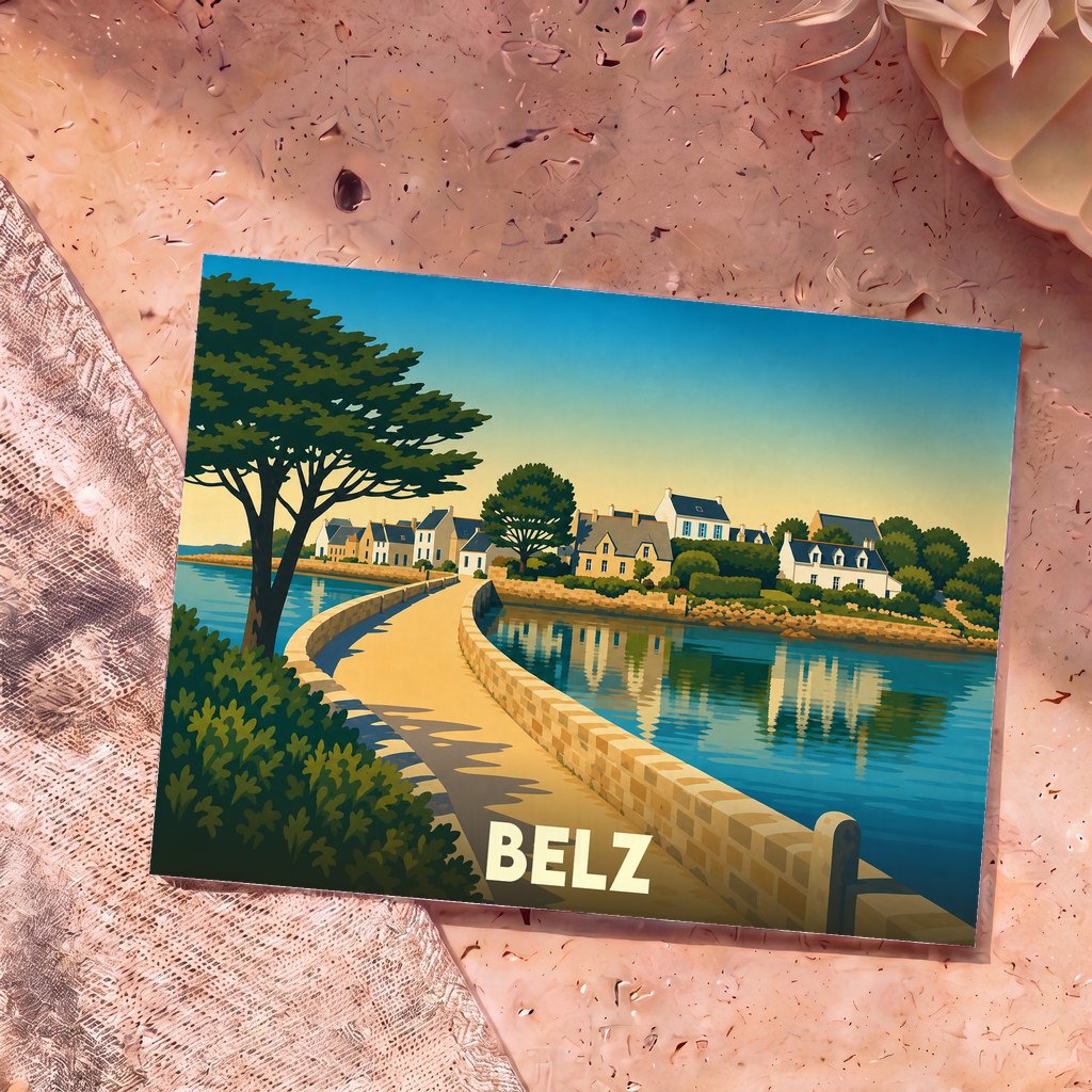 Carte postale souvenir de la ville de Belz avec une illustration stylisée d'un pont en pierre et de maisons côtières.