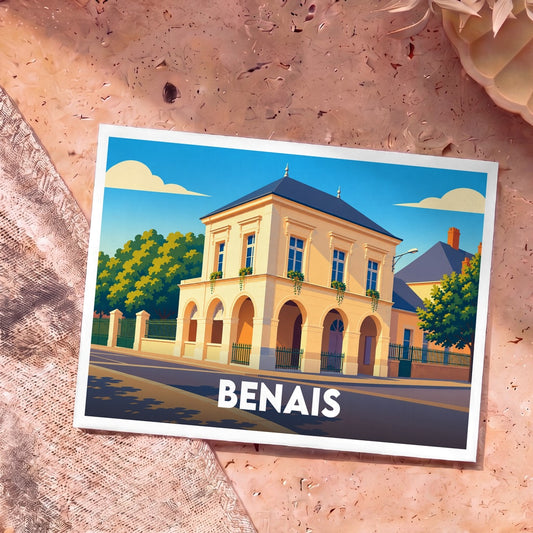 Carte postale souvenir de la ville de Benais avec une illustration stylisée de son architecture.