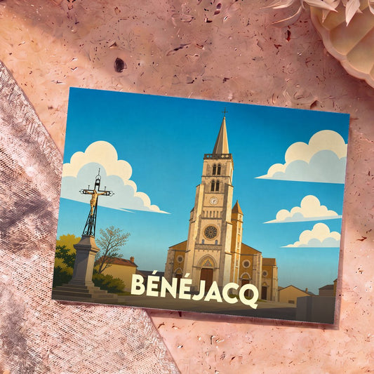 Carte postale souvenir de la ville de Bénéjacq avec une illustration stylisée de son église et d'un calvaire.