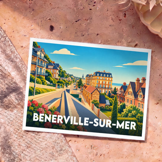 Carte postale souvenir de Benerville-sur-Mer arborant une illustration colorée et stylisée de ses villas côtières.
