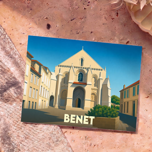 Carte postale souvenir de la ville de Benet avec une illustration stylisée de son église romane.