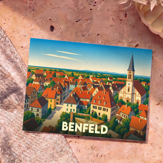 Carte postale souvenir de la ville de Benfeld avec une illustration stylisée et colorée.