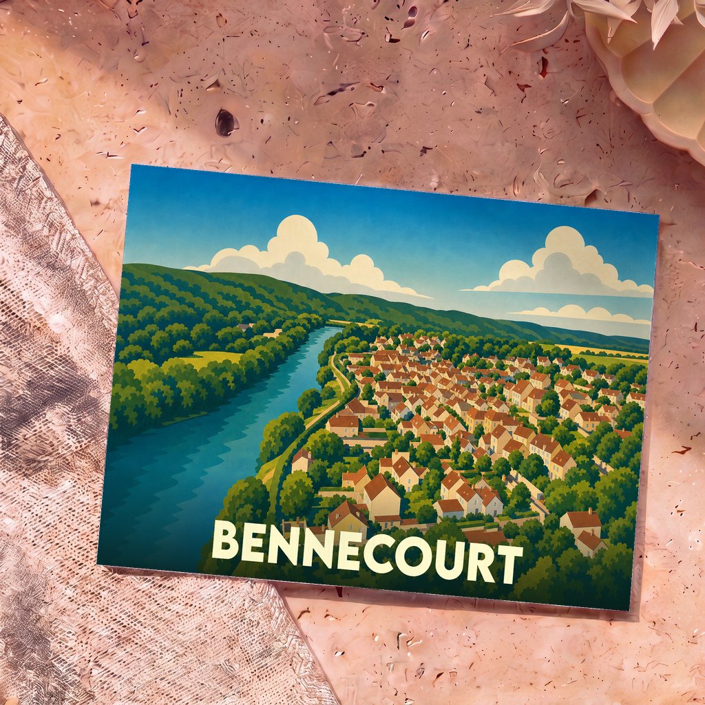 Carte postale souvenir de la ville de Bennecourt avec une illustration stylisée d'un village bordant un fleuve.