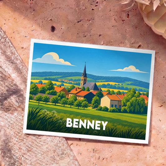 Carte postale souvenir de la ville de Benney présentant une illustration stylisée de son paysage rural.