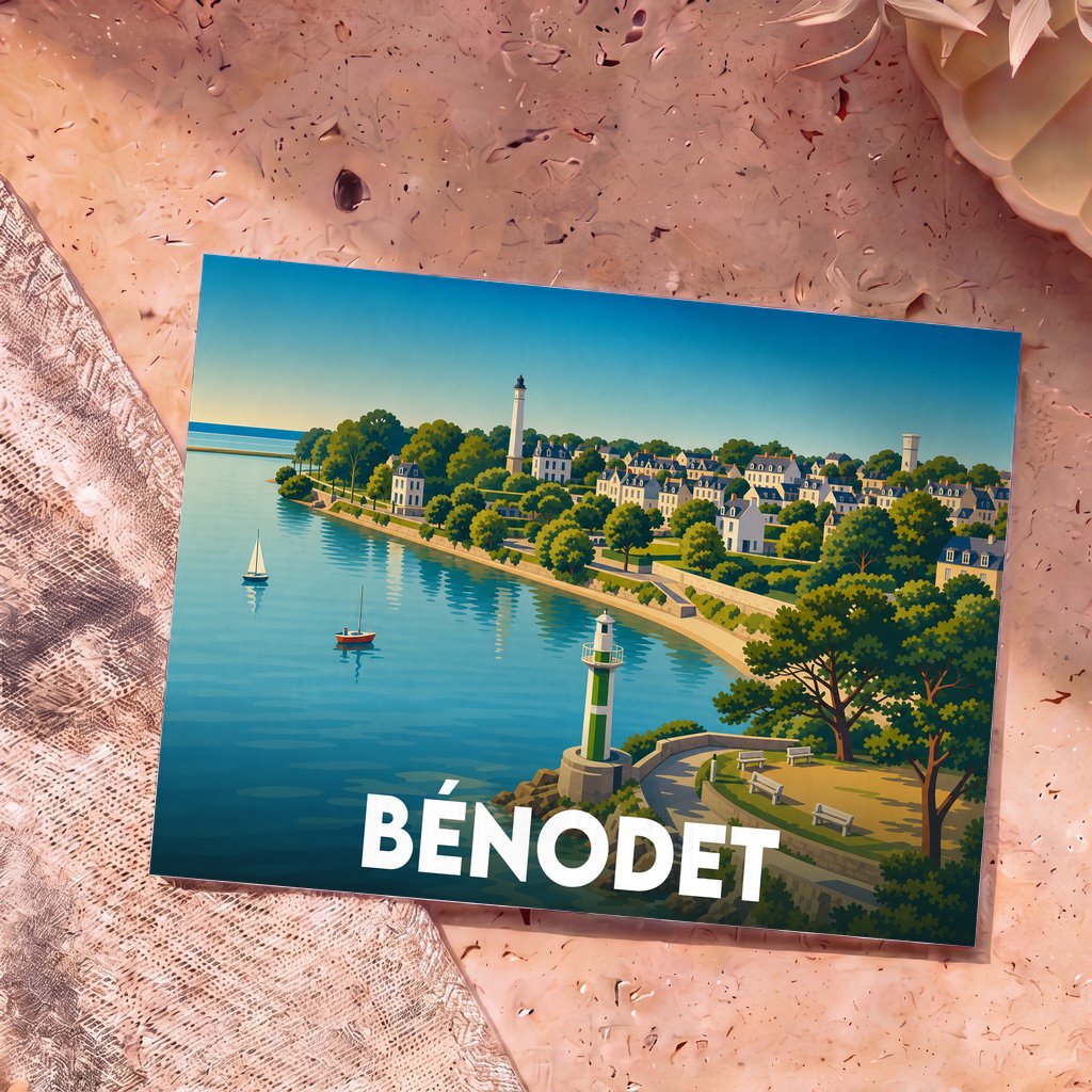 Carte postale souvenir de la ville de Bénodet avec une illustration stylisée de son front de mer.