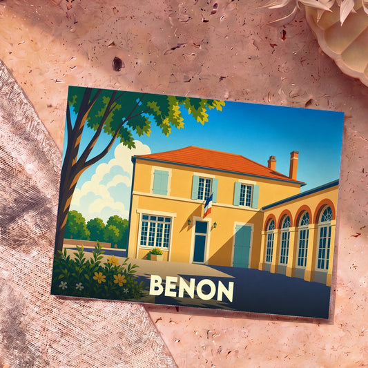 Carte postale souvenir de la ville de Benon avec une illustration stylisée d'un bâtiment typique.
