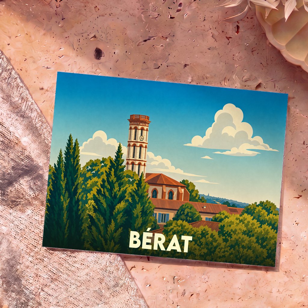 Carte postale souvenir de la ville de Bérat avec une illustration stylisée montrant un clocher entouré de végétation.