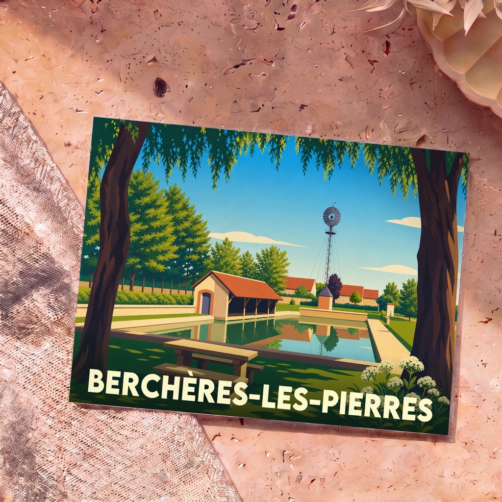 Carte postale souvenir de la ville de Berchères-les-Pierres avec une illustration stylisée de son lavoir et de son éolienne.