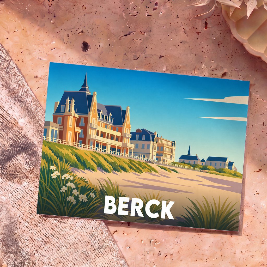 Carte postale souvenir de la ville de Berck avec une illustration stylisée de villas en bord de mer.