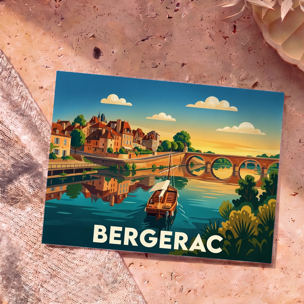 Carte postale souvenir de la ville de Bergerac avec une illustration stylisée d'un bateau sur la rivière devant un pont en pierre.
