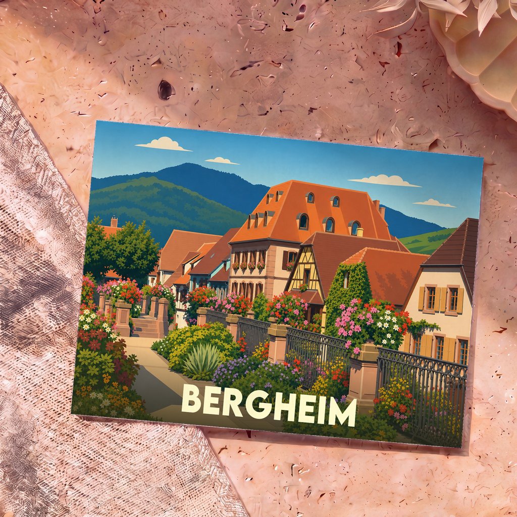 Carte postale souvenir de la ville de Bergheim avec une illustration colorée de maisons à colombages et de jardins fleuris.