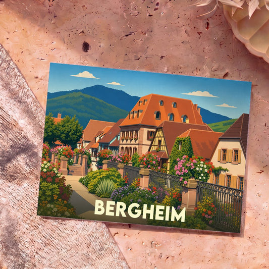 Carte postale souvenir de la ville de Bergheim avec une illustration colorée de maisons à colombages et de jardins fleuris.