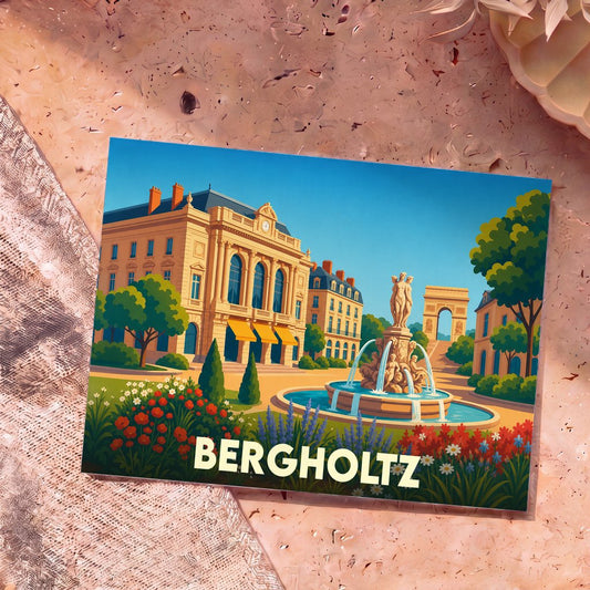 Carte postale souvenir de la ville de Bergholtz illustrée d'une place animée avec une fontaine et une architecture classique.