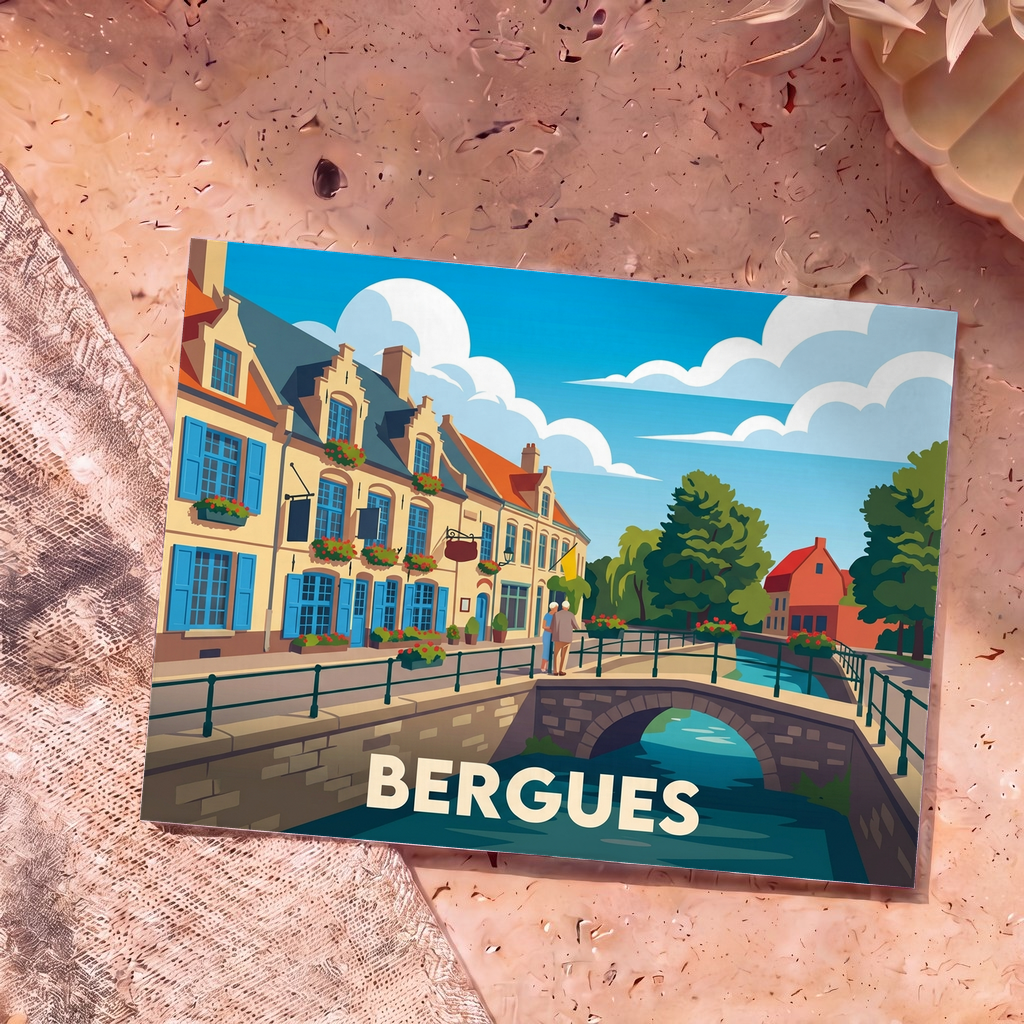 Carte postale souvenir de la ville de Bergues illustrant un canal et des maisons flamandes colorées.