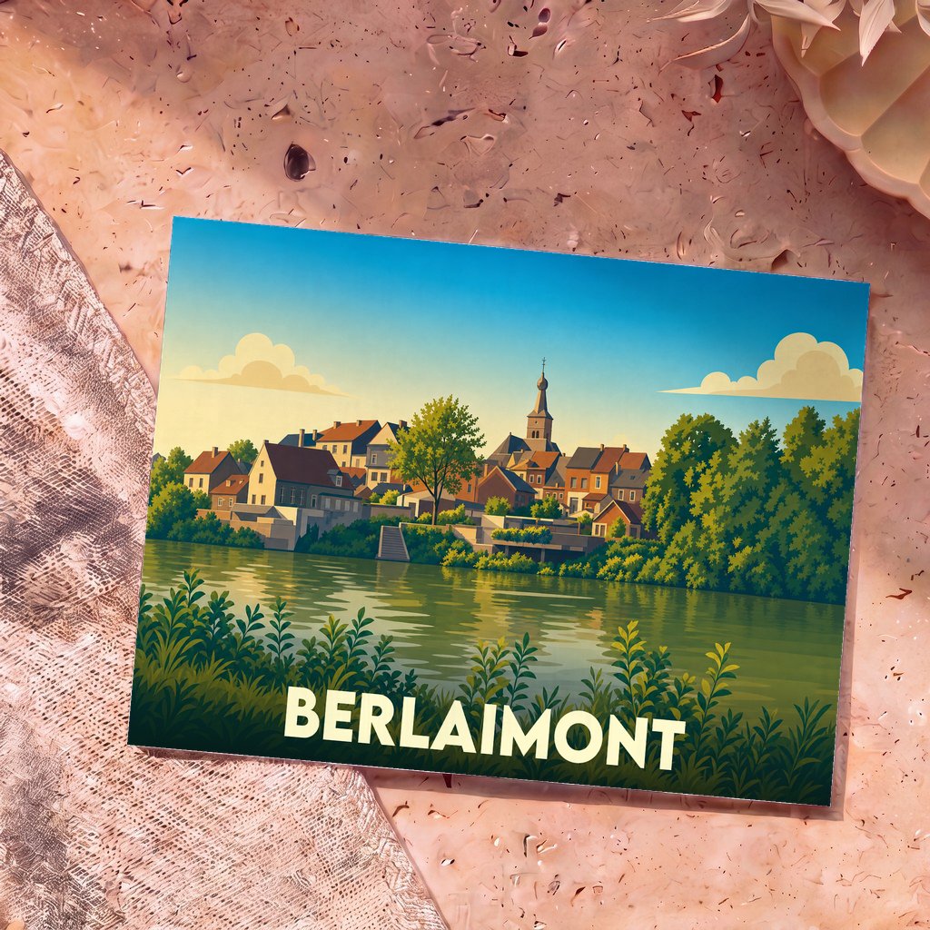 Carte postale souvenir de la ville de Berlaimont avec une illustration stylisée d'un village en bord de rivière.