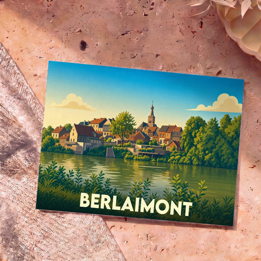 Carte postale souvenir de la ville de Berlaimont avec une illustration stylisée d'un village en bord de rivière.