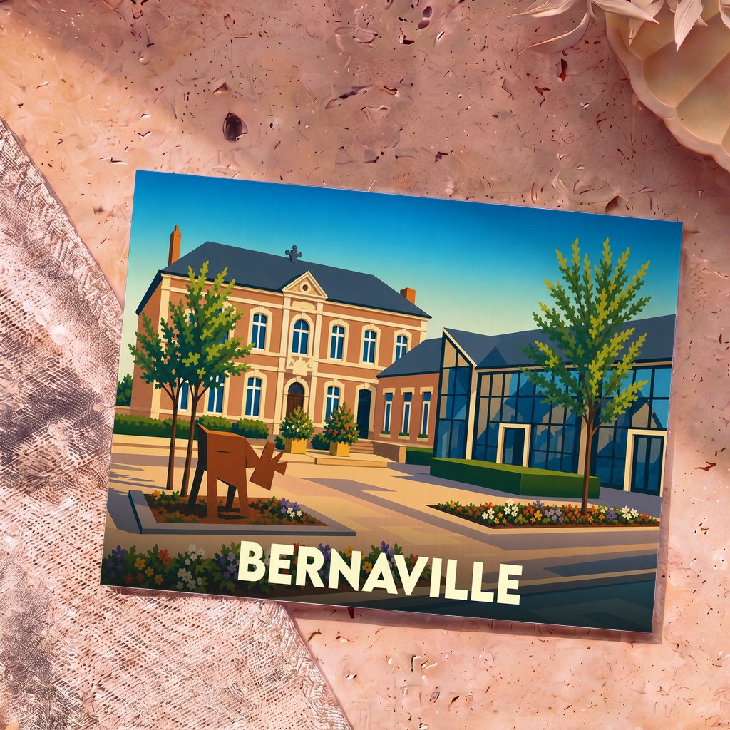 Carte postale souvenir de la ville de Bernaville avec une illustration stylisée de sa mairie et de sa médiathèque.