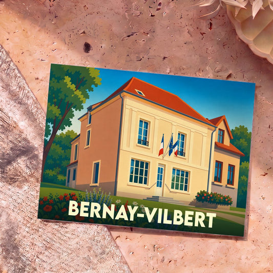 Carte postale souvenir de la ville de Bernay-Vilbert avec une illustration stylisée de sa mairie.