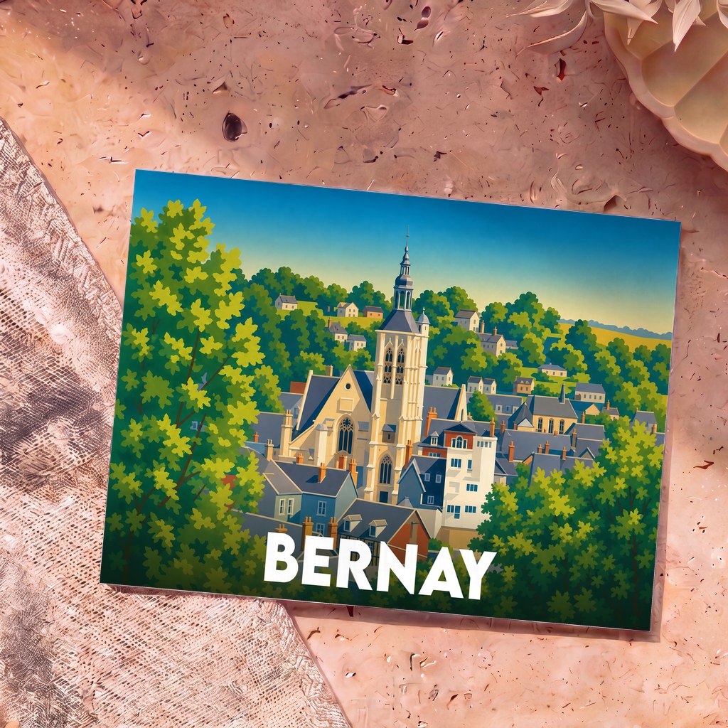 Carte postale souvenir de la ville de Bernay avec une illustration stylisée de son architecture et de sa verdure.