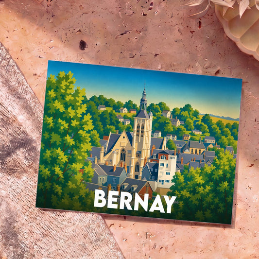Carte postale souvenir de la ville de Bernay avec une illustration stylisée de son architecture et de sa verdure.
