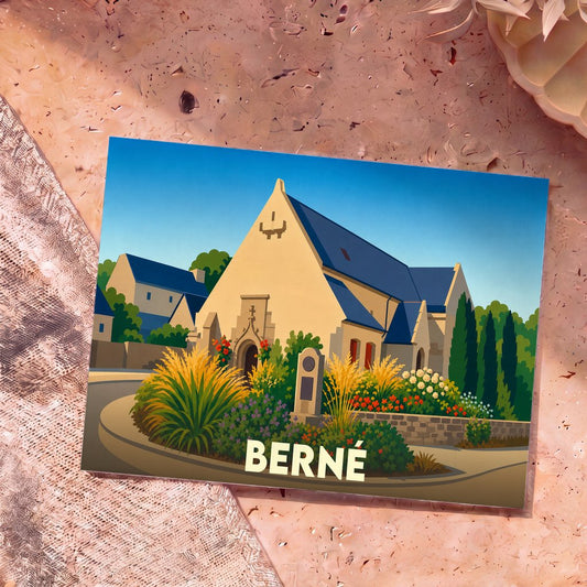 Carte postale souvenir de la ville de Berné avec une illustration stylisée et colorée de son église.