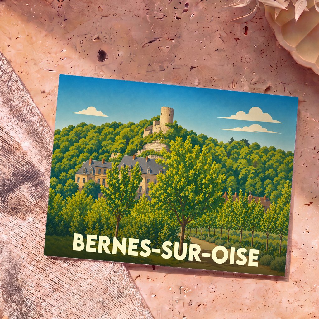 Carte postale souvenir de la ville de Bernes-sur-Oise avec une illustration stylisée d'un château surplombant une forêt.