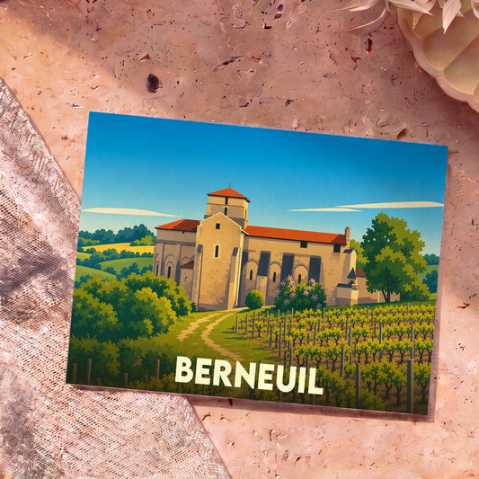 Carte postale souvenir de la ville de Berneuil avec une illustration stylisée de son église romane entourée de vignes.