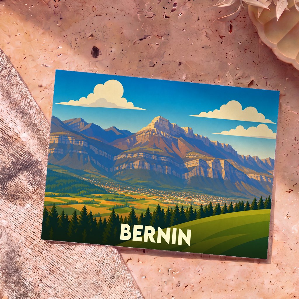 Carte postale souvenir de la ville de Bernin avec une illustration stylisée de montagnes.